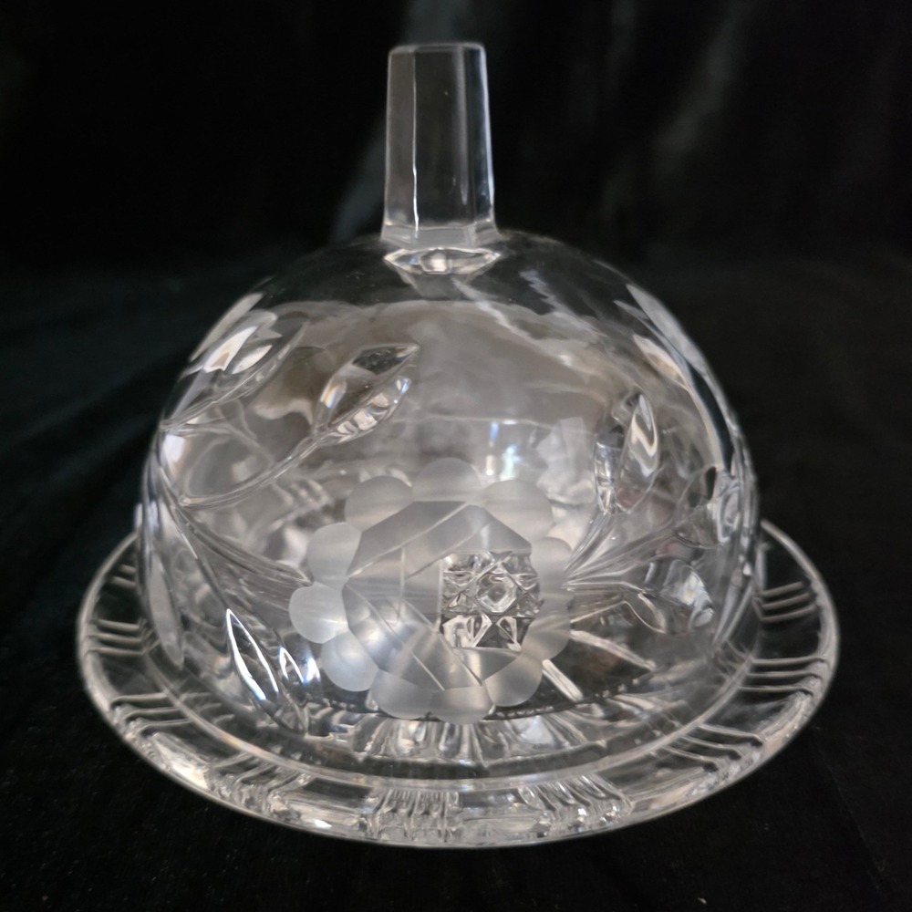 Vintage Crystal Glass Domed Butter Dish Rose Floral Pattern Quiet Luxury